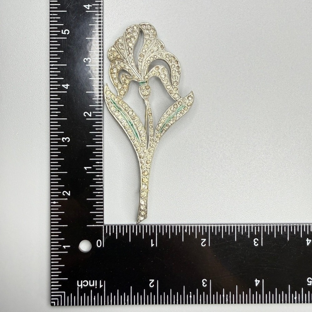 VTG Art Deco Pot Metal Floral Brooch c. 1930s Large Silver Tone Rhinestones - Picture 7 of 8